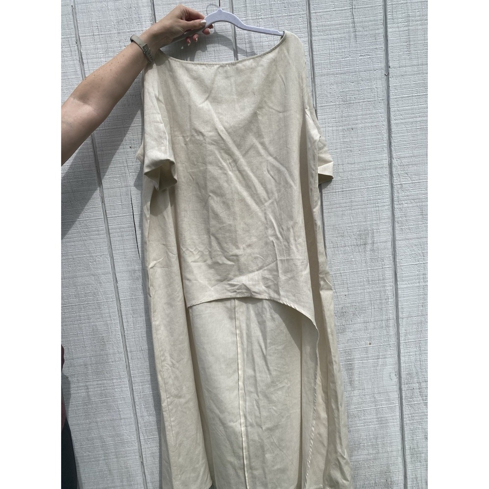 Faeriesty Linen Blend Lagenlook Short Sleeve Hi Low Maxi Top Size XL Cream